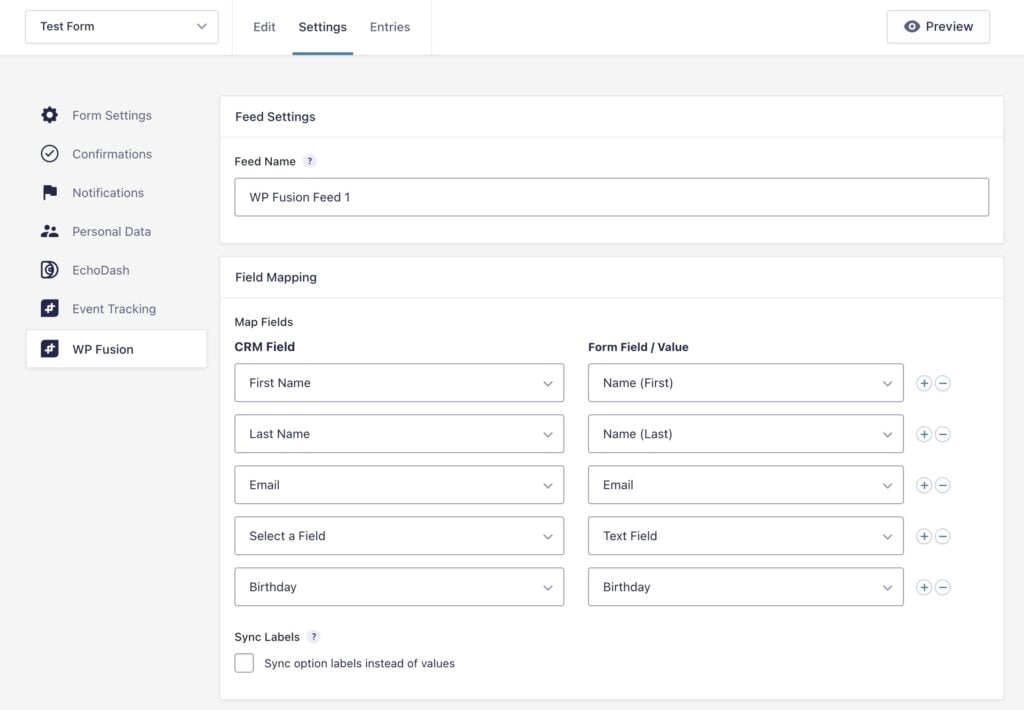 a form settings page for wp fusion integrated with gravity forms displays feed settings and field mapping options, allowing users to map crm fields like first name, last name, email, and birthday. a preview button is in the top right corner.
