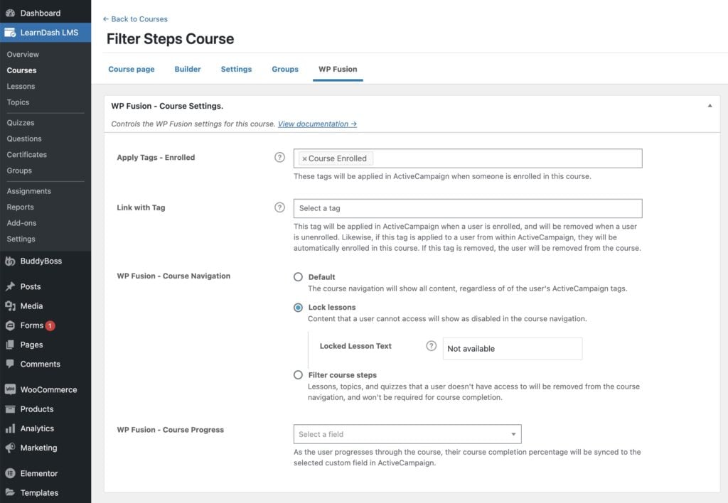 WP Fusion's LearnDash course settings