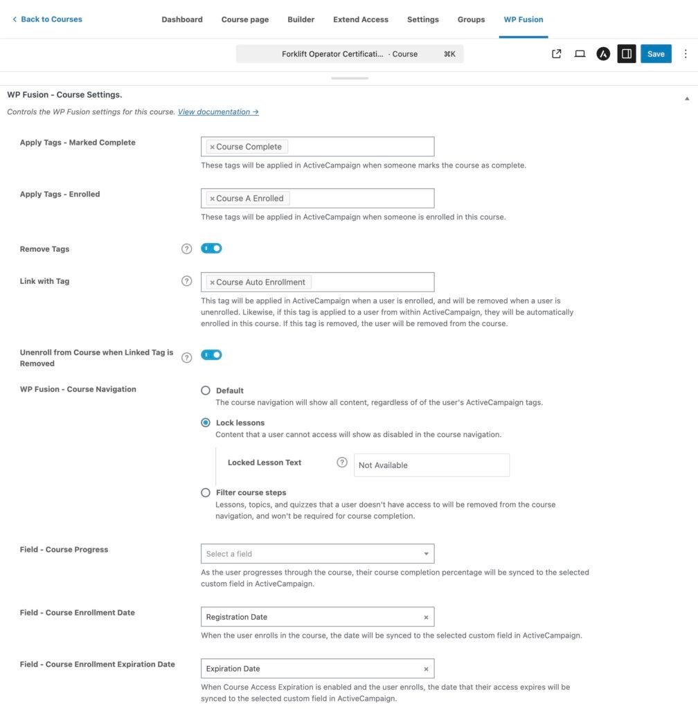 a screenshot of wp fusion course settings in a wordpress dashboard, showing options to apply and remove tags, control course navigation, and set custom fields for enrollment date and expiration date.