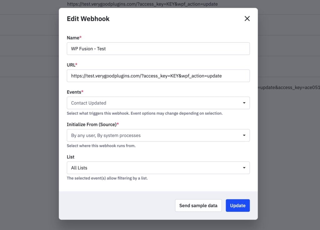 ActiveCampaign webhook modal