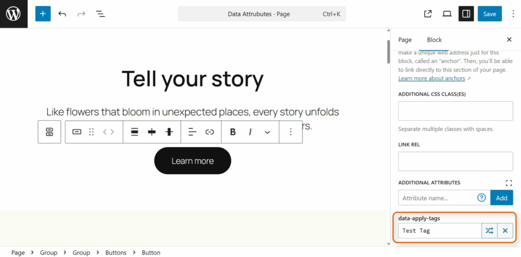 a wordpress page editor displays a “tell your story” heading, a text block with editing tools, a “learn more” button, and a sidebar highlighting the “data apy tags” text field for easy link click tracking setup.