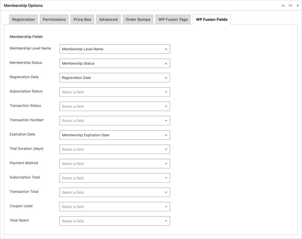 screenshot of a membership options settings page showing fields like membership level, status, registration date, subscription status, transaction total, payment method, and more, with dropdowns for selection under wp fusion fields tab.