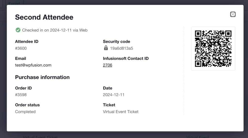 A screenshot of WP Fusion's information show on the attendee details modal.