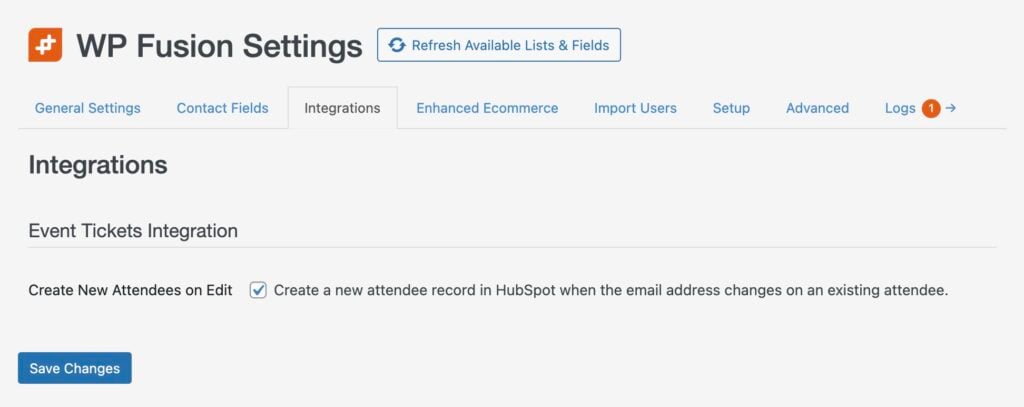 screenshot of wp fusion settings page under the integrations tab displays event tickets options. it features a checkbox labeled create a new attendee record in hubspot... and buttons for refreshing and saving changes, seamlessly integrating with your events calendar workflow.