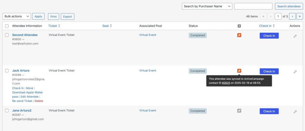 a screenshot of an attendee management platform displays details for three virtual event tickets, seamlessly integrating an events calendar. the interface offers options to check in attendees, view associated posts, and resend tickets. one ticket is highlighted with a tooltip showcasing contact information.