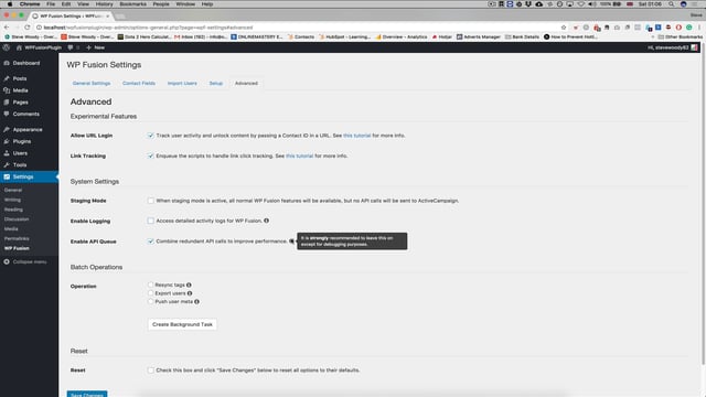 Screenshot of WP Fusions Advanced Settings page displaying options like user activity tracking and event logging. A tooltip next to Enable Logging notes it logs to wp-fusion-logs for debugging purposes, highlighting the comprehensive setup of these advanced features.