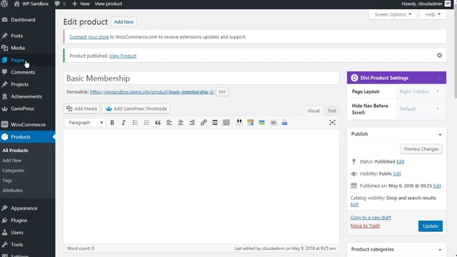 Screenshot of a WordPress dashboard showcasing the Edit product page. The navigation menu on the left includes options like Pages, Comments, and Products. The central area displays a Basic Membership product with editing and publishing options to help restrict membership content effectively.