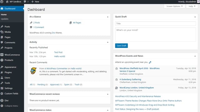 The WordPress dashboard interface displays options for managing a website, including recent activity, comments, quick drafts, and events/news. Use the left sidebar to navigate site components and settings, or integrate an abandoned cart strategy to enhance user engagement.