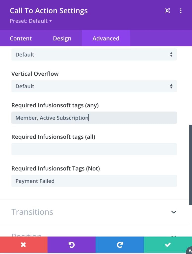 user interface of a call to action settings menu. it includes options for content, design, and advanced settings. the required infusionsoft tags are member, active subscription, and the excluded tag is payment failed.