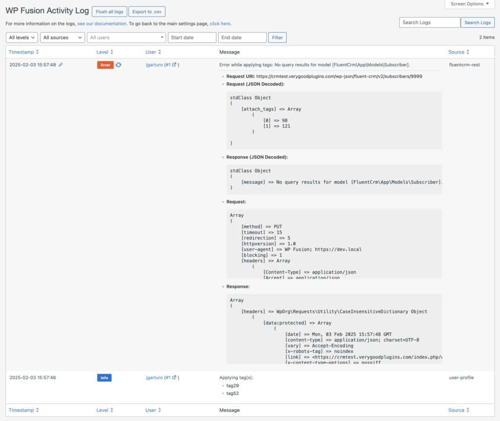 Screenshot of the wp fusion activity log interface highlighting activity logs of api requests and responses. the log details an error with no results for a specific model and includes options for filtering logs and viewing screen options.