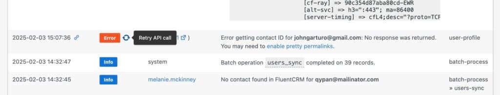 screenshot of an error log with three entries. the first highlights an error with a retry api call option due to a user profile issue. the second entry shows a completed batch operation, while the third reports no contact found for a specific person in the activity logs.