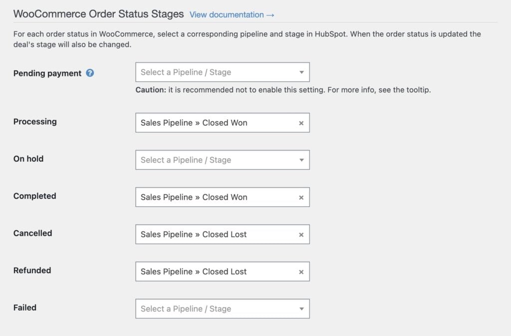 WP Fusion's WooCommerce + HubSpot order status sync settings