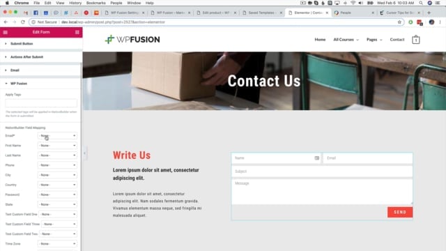 Screenshot of a webpage in editing mode using WP Fusion CRM integration. It shows a Write Us contact form with fields for name, email, subject, and message. The left panel displays form settings and options. In the background image, a shipping box and chairs are visible.