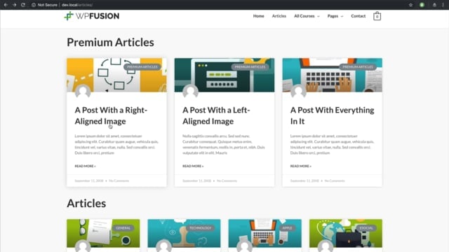 Screenshot of a webpage showcasing Premium Articles with placeholder images and text. Three highlighted posts feature buttons marked Customizable, enhanced by WP Fusion CRM integration capabilities, followed by an Articles section with three additional posts below.