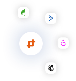 A central orange icon with two linked rectangles is surrounded by four app icons on a gradient blue circle, signifying seamless WP Fusion CRM integration. The outer icons feature a green logo, a blue arrow, a pink droplet face, and a black monkey face.