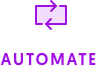 A purple icon of two rectangles with arrows indicating movement or exchange is above the word AUTOMATE in bold purple letters, evoking the seamless automation seen in WP Fusions CRM integration. The design suggests a smooth workflow process.