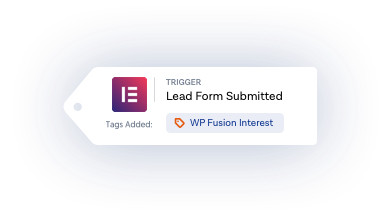 A digital illustration features a tag with the Elementor logo, marked as a trigger for Lead Form Submitted. Below, a tag labeled WP Fusion Interest highlights CRM integration. The background showcases concentric blue and white rings.