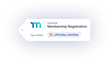 A tag-shaped graphic with a blue and teal M logo on the left. Text reads Trigger: Membership Registration. Below, a label says Tags Added: ultimate_member. The background features a gradient from blue to white, highlighting seamless WP Fusion CRM integration.