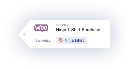 A digital label featuring a purple Woo logo and text that reads TRIGGER Ninja T-Shirt Purchase. Below, a tag icon with Ninja Tshirt is displayed, signifying the addition of a tag through WP Fusion CRM integration. The label rests against a dark gradient background.