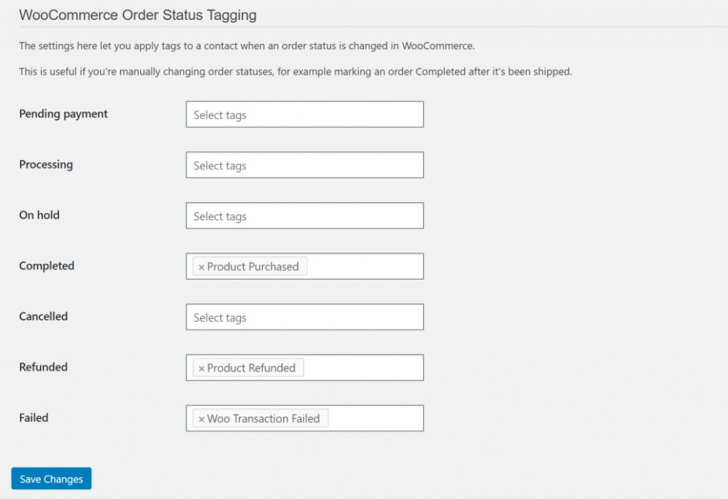 WooCommerce order status tagging settings