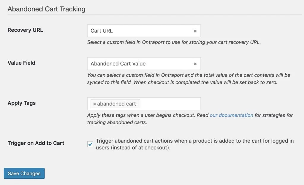 Abandoned cart tracking settings