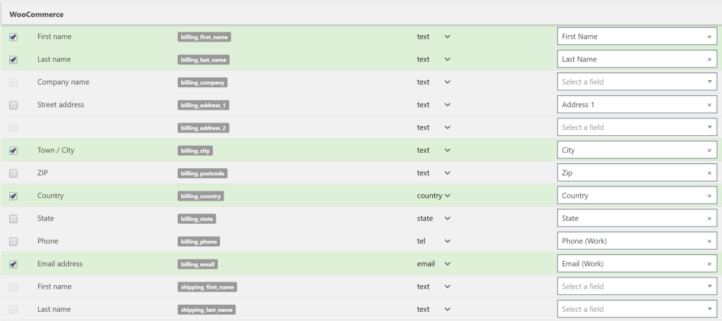 WooCommerce contact fields settings