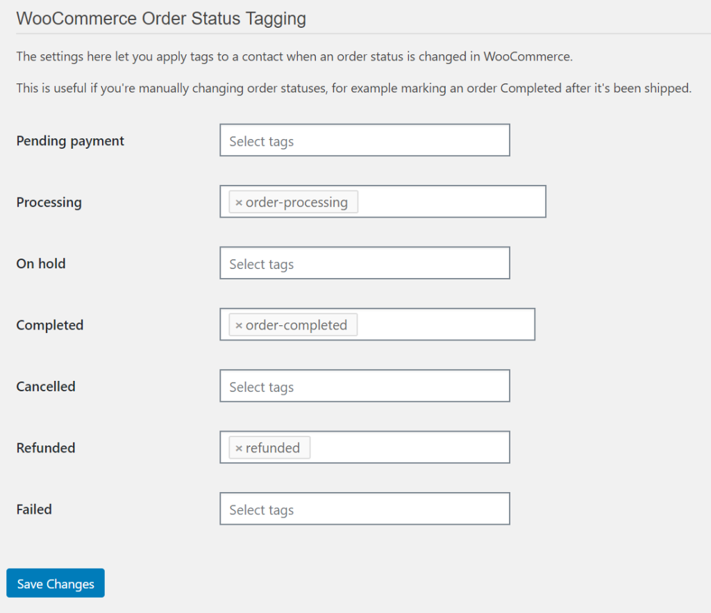 WP Fusion order status tagging settings for WooCommerce CRM