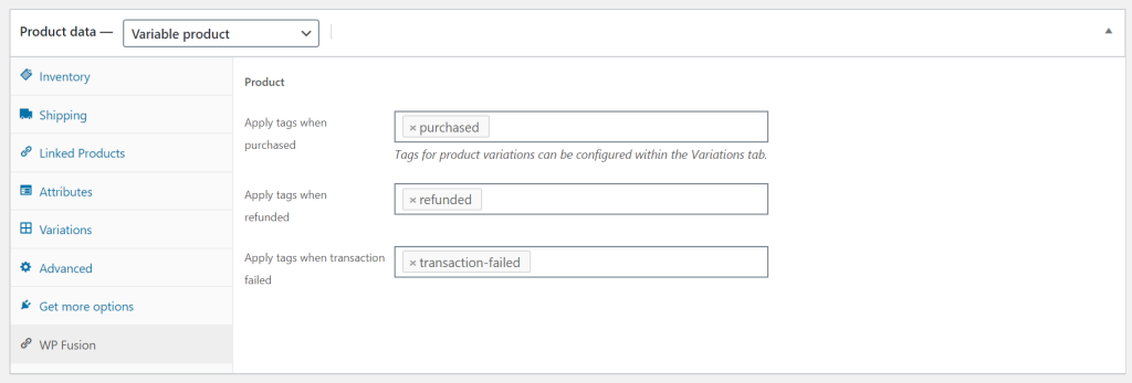 WooCommerce product data settings in WP Fusion