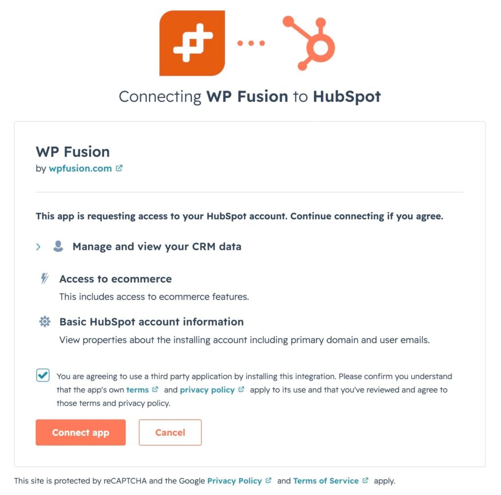 a permission screen for connecting wp fusion to hubspot, displaying requested access to crm and account info, with clear checkmarks and buttons to connect the app or view terms and privacy policy—seamlessly linking wordpress with your marketing tools.
