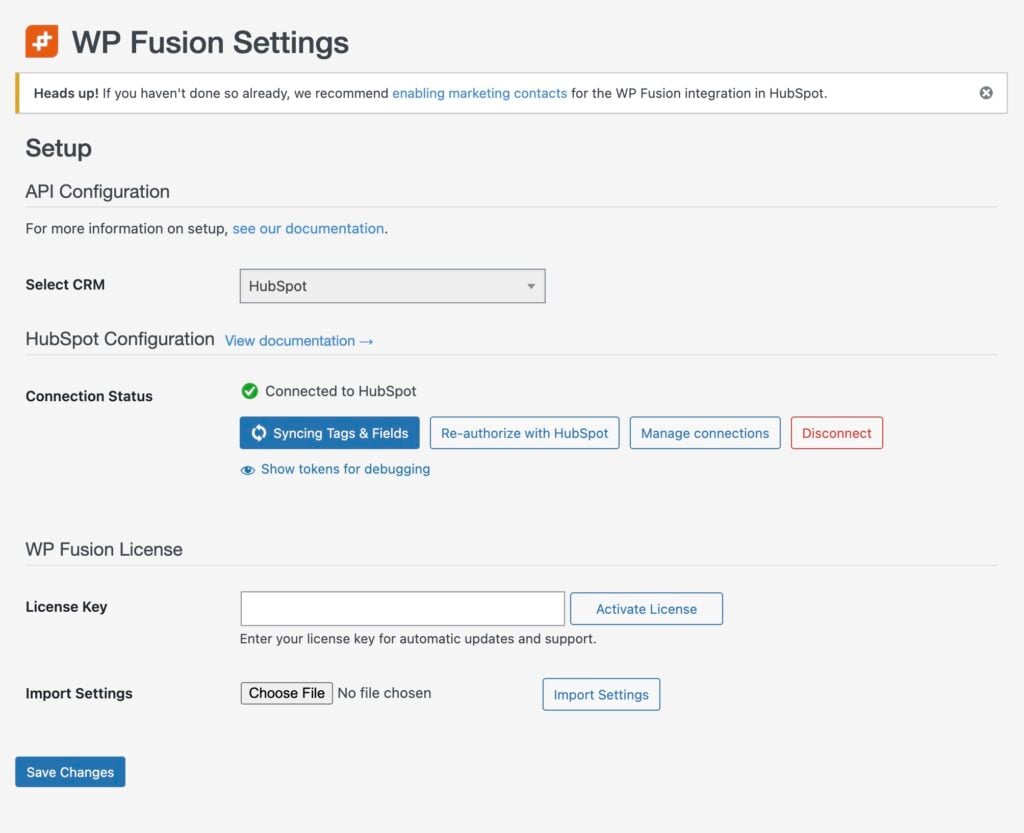 screenshot of the wp fusion settings page in wordpress, showing hubspot api configuration, connection status as connected, with options to connect, sync, re authorize, manage, disconnect, activate a license, and import settings.