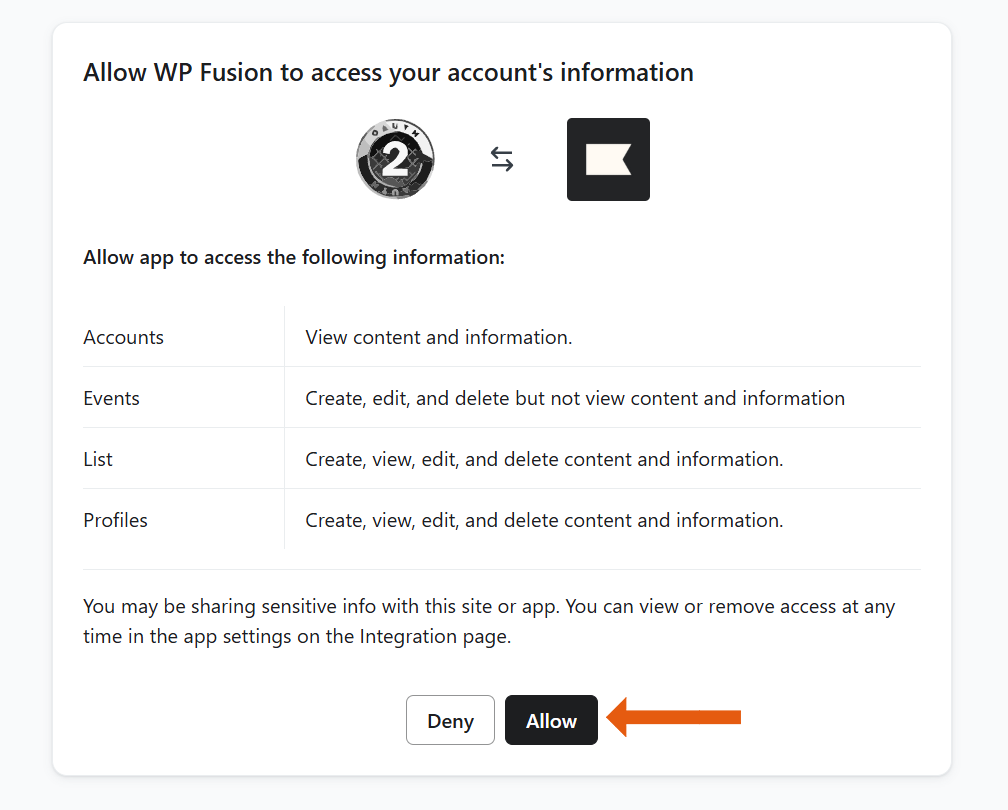 a permission prompt asks to connect wp fusion with your wordpress account info, offering deny or allow options. an orange arrow highlights the allow button.