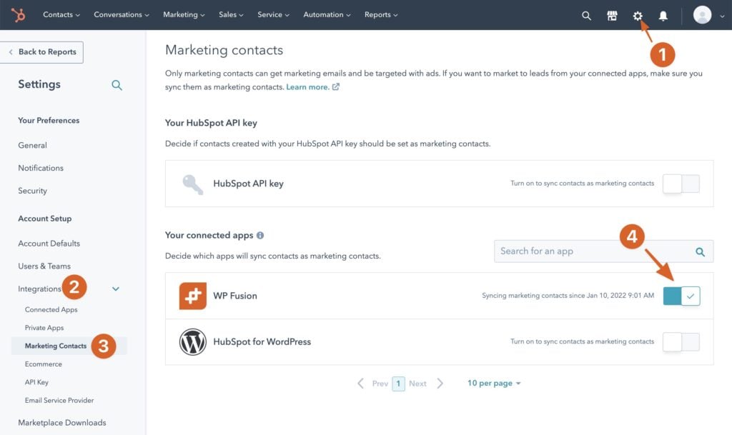 Enable marketing contacts for the WP Fusion integration in HubSpot
