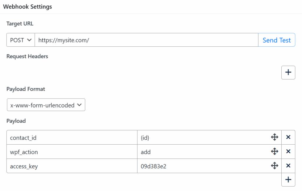 screenshot of groundhogg webhooks settings using the post method to https://mysite.com/. payload format is x www form urlencoded, displaying contact id, wpf action, and access key fields with example values.
