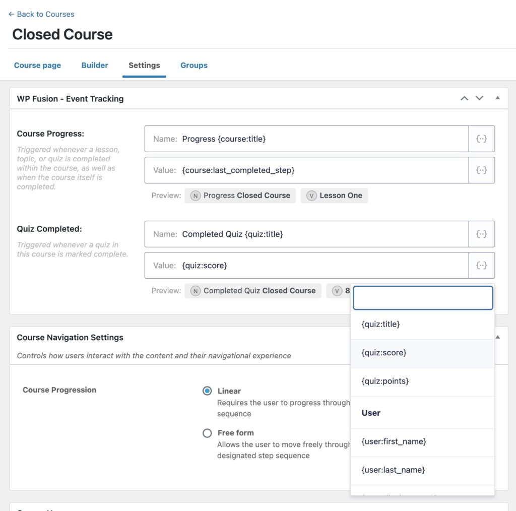 course merge fields picker