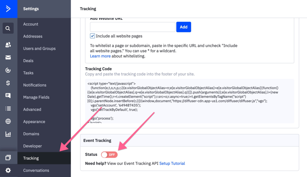 Enable event tracking in ActiveCampaign