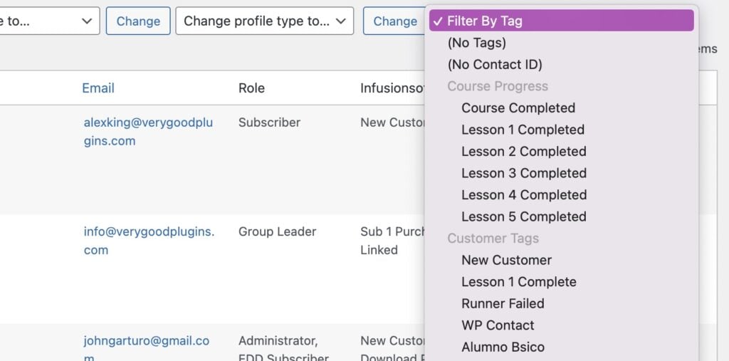 The Filter by Tag dropdown in the All Users admin list table.