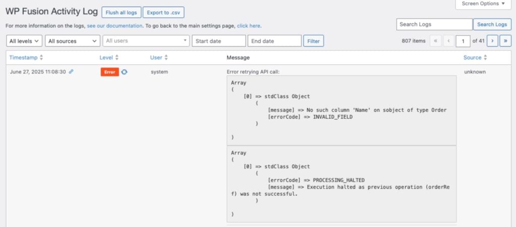 a screenshot of the wp fusion activity log shows error messages related to a salesforce api call, highlighting an invalid field error and processing halted due to a previous unsuccessful operation. filters and log options are visible at the top.