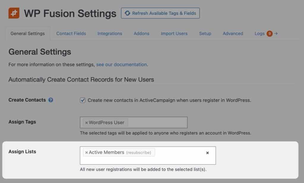 WP Fusion's assign list setting for ActiveCampaign