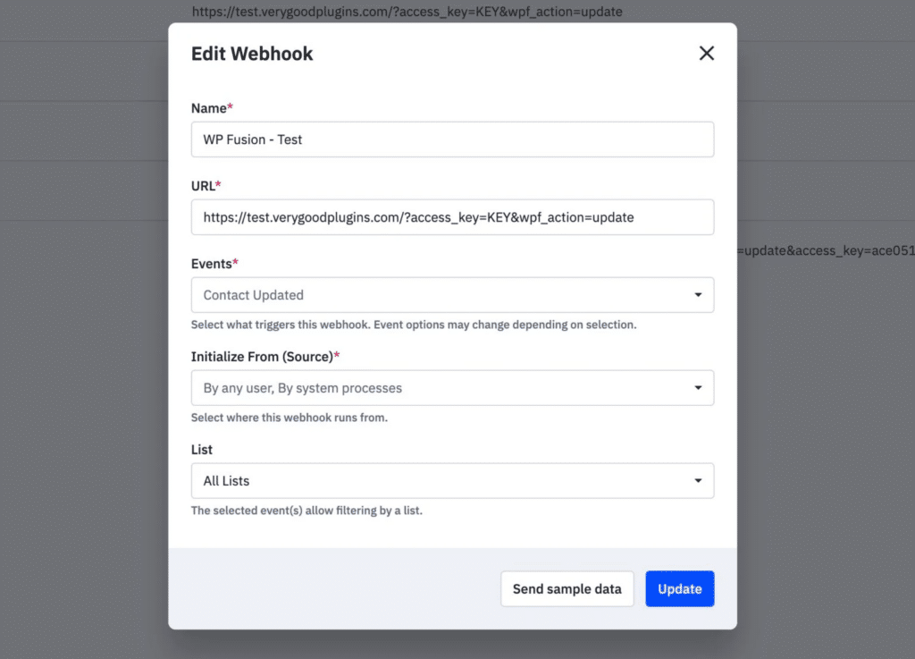 editing webhook in activecampaign