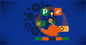 illustration of a person interacting with floating digital profiles and icons against a backdrop of gears and arrows, symbolizing connectivity and workflow, akin to a step by step guide. the dominant colors are blue, orange, green, and black.