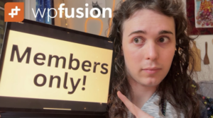 a person with long, curly hair is pointing to a tablet displaying the text members only! with the wpfusion logo visible in the corner. the rooms decor hints at exclusivity, much like paywall content often seen on wordpress sites.