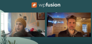 in a virtual meeting setting resembling an intimate interview, two participants engage. on the left, one with long hair wears a yellow beanie and dark top. on the right, another with short hair sits in a wooden room featuring lifterlms prominently, while the wp fusion logo crowns their conversation.