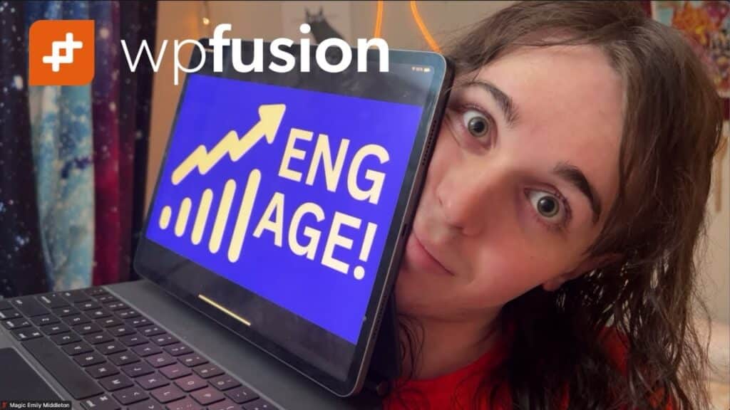 a person with long hair holds a tablet displaying engage! alongside wordpress insights, featuring an upward arrow and chart. the logo wpfusion appears in the top left corner. the colorful, blurred background adds energy to the advanced video metrics theme.