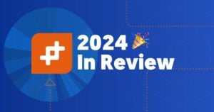 blue background with an orange logo on the left. white text reads 2024 in review with a party popper emoji beside it. the logo, featuring a white connected plus symbol, adds a touch of transparency. orange dotted lines and abstract shapes decorate the scene.