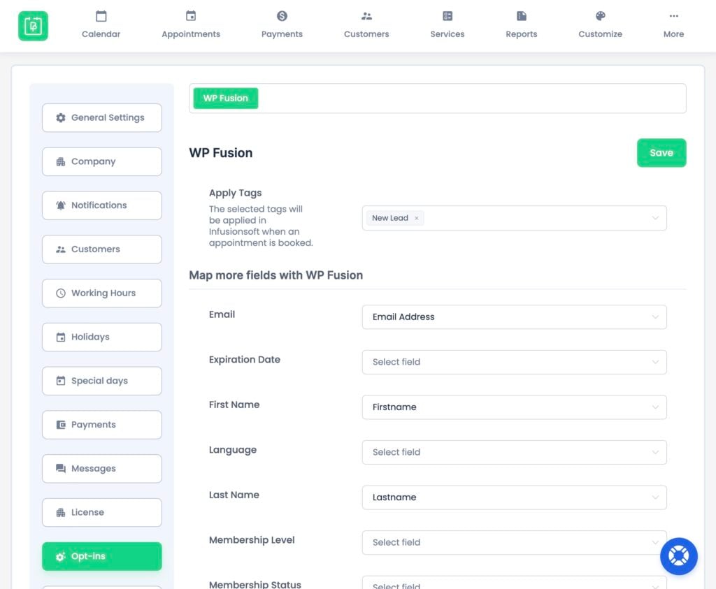 this screenshot captures the wp fusion settings within a booking system interface. the left sidebar features menu options such as notifications and working hours, while the main area displays fields for email, expiration date, and name settings. a save button sits conveniently at the top right.