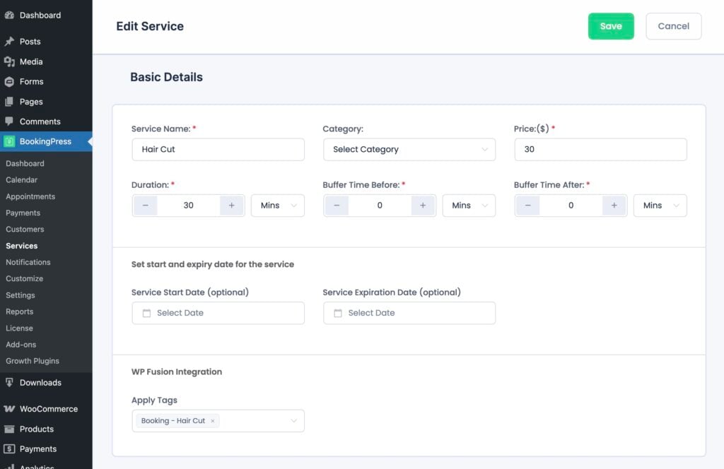 the screenshot captures a wordpress interface specifically for bookingpress service editing. fields displayed include service name, category, price, duration, and buffer time, along with start and expiry date options. a save button sits conveniently at the top right for seamless updates.