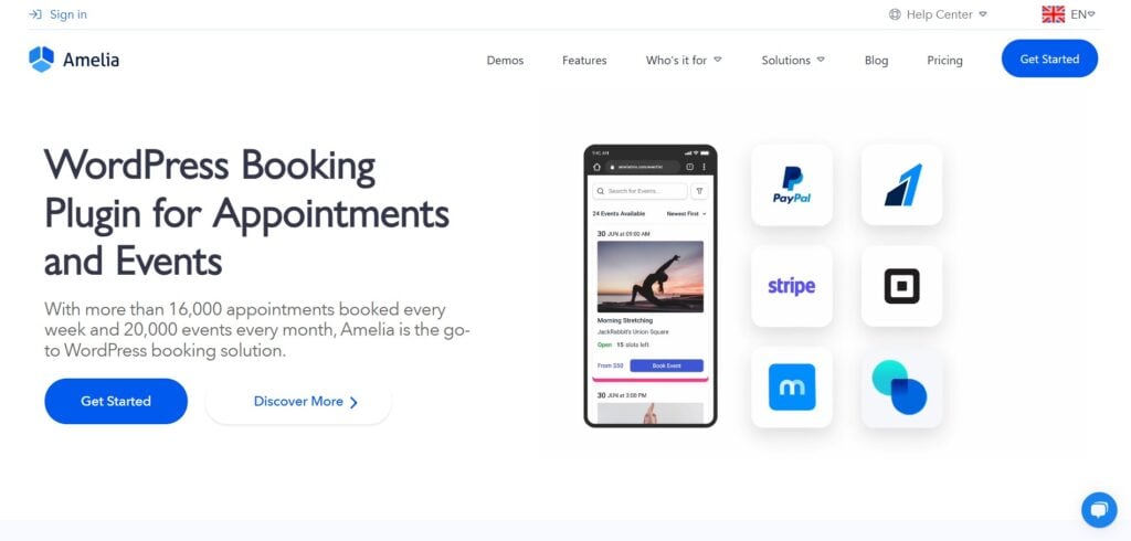explore the amelia wordpress booking plugin for seamless appointments and events. featuring booking statistics and a smartphone screen with app icons like paypal, zoom, and stripe, it offers easy options to get started or discover more. perfect your booking system with top tier wordpress plugins today!.