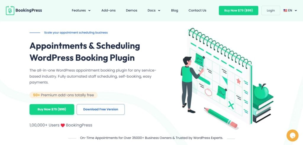 illustration of a person marking a calendar on a screen showing the bookingpress website. this highly recommended platform offers an appointment scheduling wordpress plugin, complete with free versions and premium add ons, trusted by over 10,000 real users worldwide.