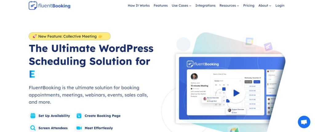 website banner for fluentbooking, a top wordpress booking plugin. it highlights features like setting up availability, creating booking pages, and meeting effortlessly. includes a computer graphic showcasing the booking interface and various user options.