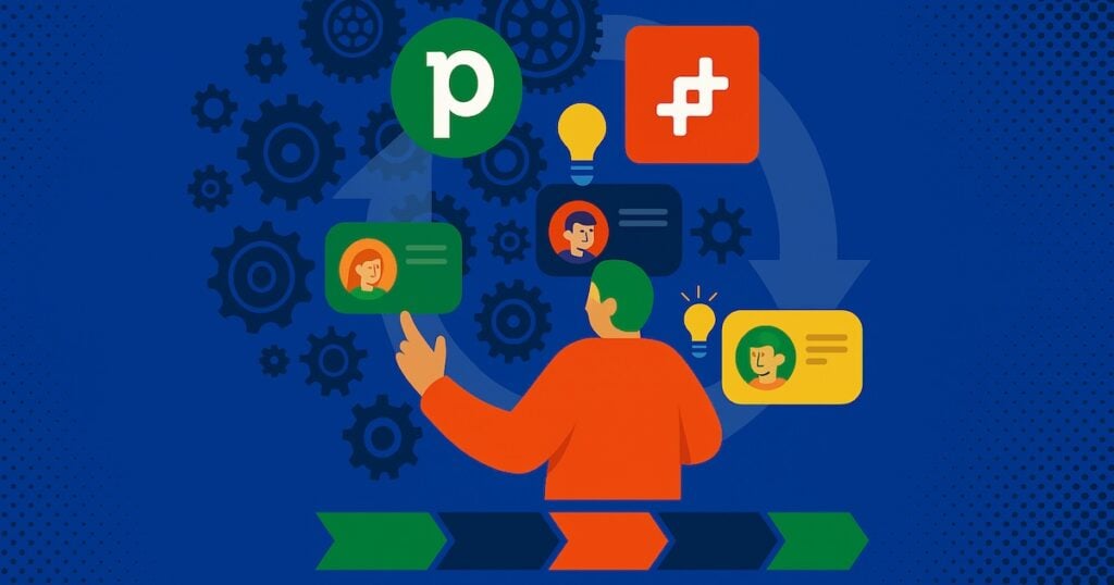 illustration of a person interacting with floating icons and chat bubbles, symbolizing communication and technology. background features gears and circular arrows, indicating process or workflow.